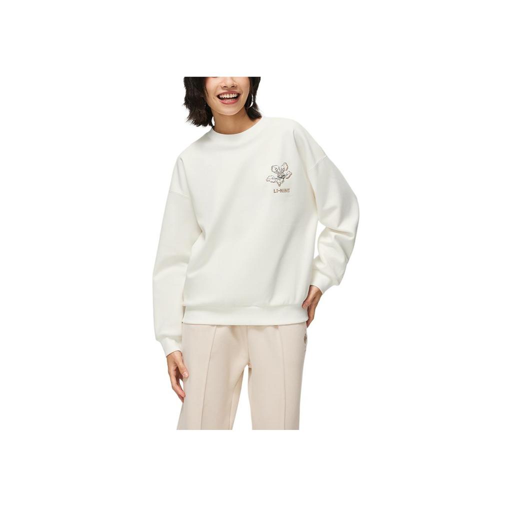 Li Ning Sports Lifestyle Series Letter Print Crew Neck Pullover Fleece Long Sleeve Hoody Women sweatshirt Off-White AWDT762-4