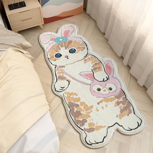 Cartoon Bedside Rug Cat Floor Mat Fluffy Cat Mats Irregular Carpet For Living Room Shaggy Area Rug Thicken Doormat Decor Rug