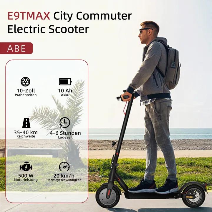 ABE E9TMAX Electric Scooter 500W Motor 10Ah, 10'' Honeycomb Tires Front Drive Rear Suspension, max speed 20KM/H 35-40KM Range Adult Electric Scooters