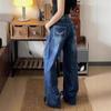 Women's High Waist Embroidered Blue Loose Jeans - Summer 2025 Retro Thin Floor-Length Straight Leg