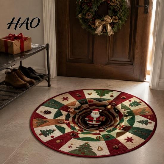 Round Christmas Area Rugs Rug, 3D Visual Trap Floor Mat with Santa Elk Print, Non Slip Holiday Decor Non-Slip Stain Resistant Winter Carpet for Living