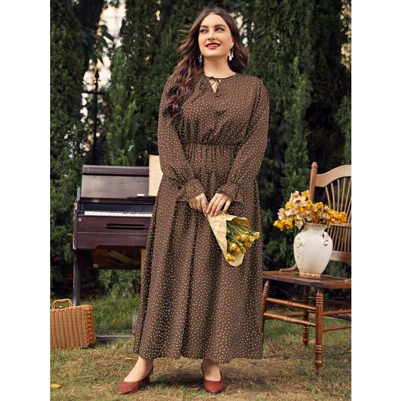 Весна и осень Платья больших размеров для женщин Свободное платье в горошек с длинными рукавами