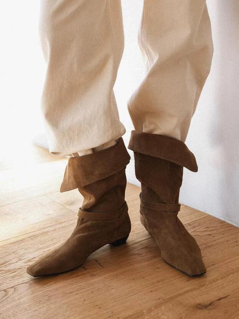 Cowhide Version~ European and American Retro Niche Belt Buckle Square Head Thick Heel Folded Medium Boots Women's 2025 New Knight Boots