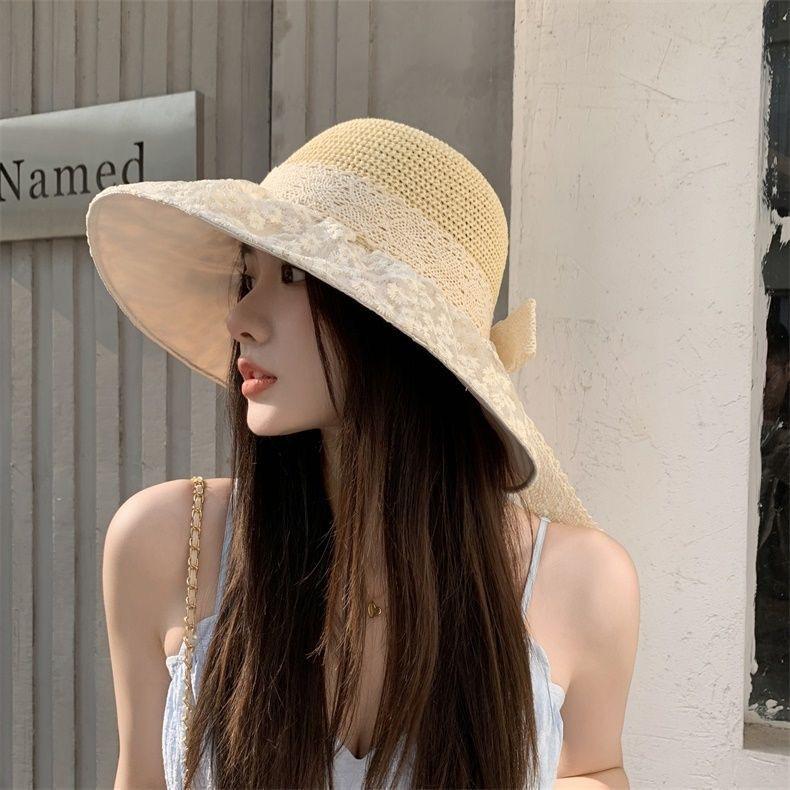Lace bucket hat women's high value big eaves thermal insulation beach park travel hat sun protection sun hat versatile