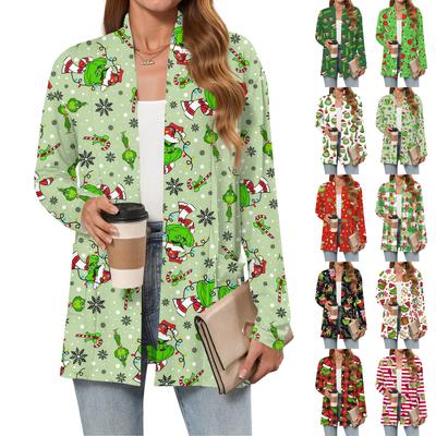 Женский рождественский кардиган с принтом, легкий, с длинными рукавами, повседневный, свободного кроя, тонкий, с карманами, куртка-кардиган
