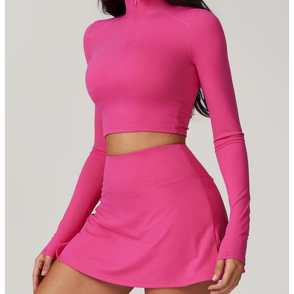 Женский костюм для йоги высокой интенсивности, быстросохнущий: Топ с длинным рукавом на молнии и юбка для бега