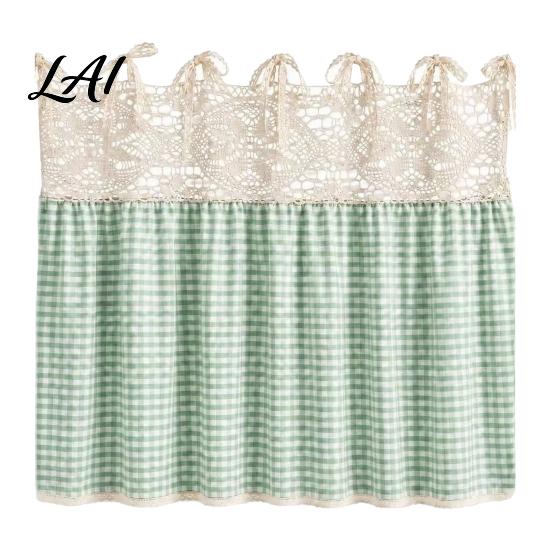 Farmhouse Kitchen Linen Decor Stove Skirt Plaid Crochet Lace Oven Curtain Appliance Handle Shield Skirt Curtain with Ties for Cottage Cover