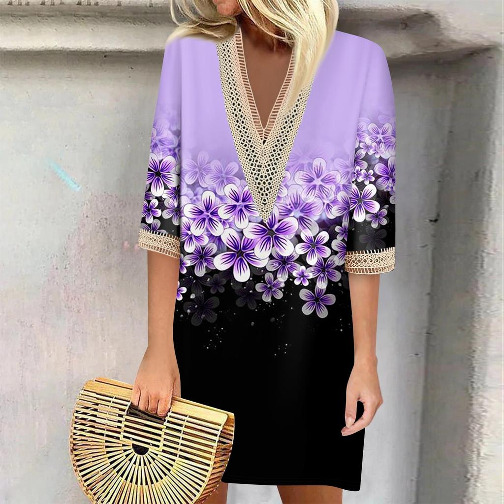 Летние платья для женщин, модное повседневное свободное кружевное платье с V-образным вырезом и рукавами 3/4 с принтом