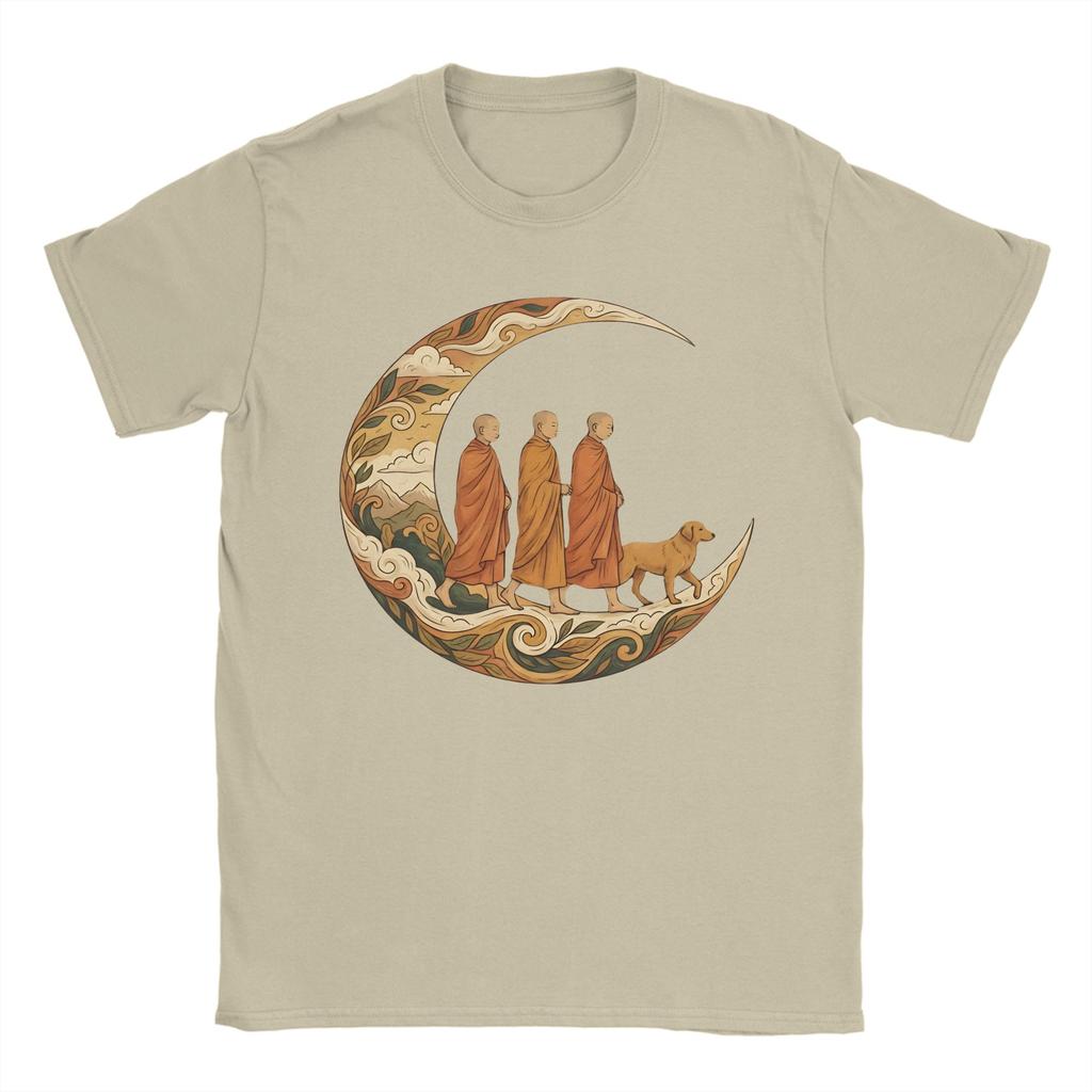 Walking for Peace Monks and Dog in a Crescent Moon Mens T Shirts Crazy Tee Shirt Short Sleeve TShirt Cotton Plus Size Clothes