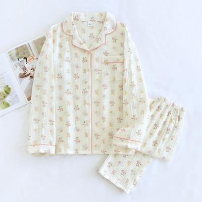 2025 японский новый женский пижамный комплект из 100% чистого хлопкового крепа с длинными рукавами и брюками из двух предметов с отложным воротником Simple Home Fury