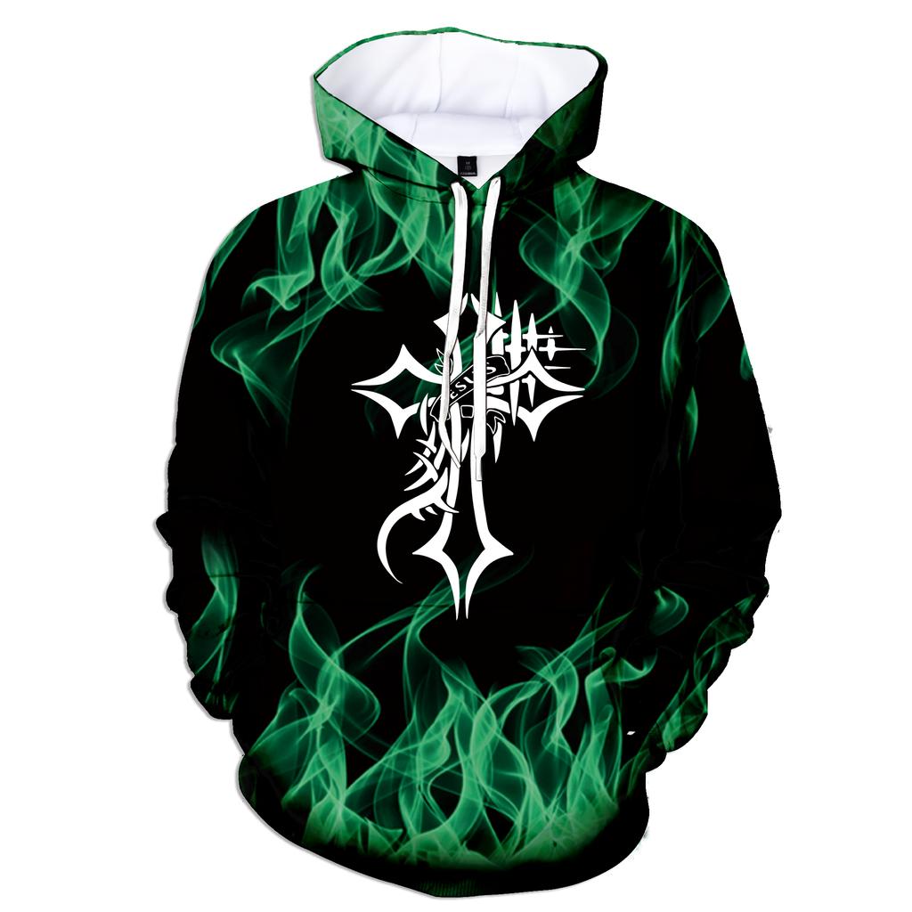 Новая модная мужская толстовка с капюшоном с принтом 3D Flame на осень и зиму, пуловер с крестообразным принтом, большой размер