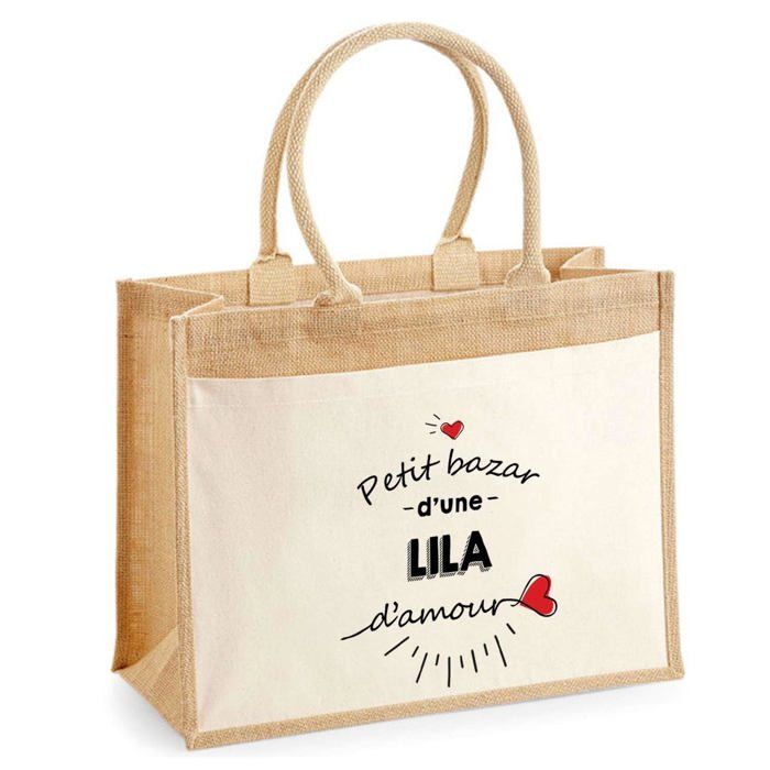 Sac de plage - PLANETEE - Jute avec poche Bazar d'une Lila d'amour - Coton - 43x33 cm - Anses bandoulière