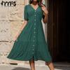 Women's Fashion Summer Spring Solid Color Print Short Sleeve V-Neck Middle Waistline Casual Dresses