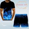 Solid Color Men's Flame Pattern 3D T-shirt + Shorts Street Fashion Casual T-shirt Summer O-neck Men's Casual T-shirt
