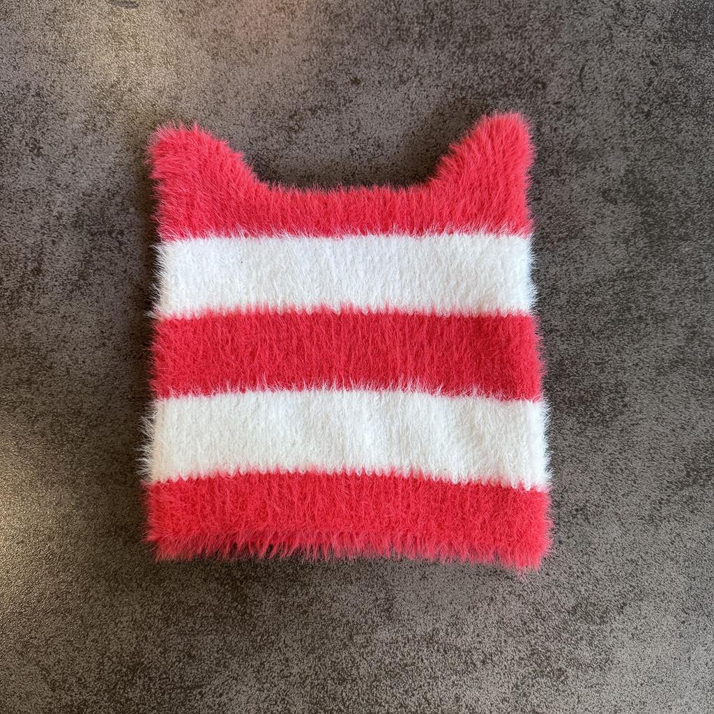 Ears Design Cats Knit Cap With Stripe Style For Daily Cold Weather Outdoor Use