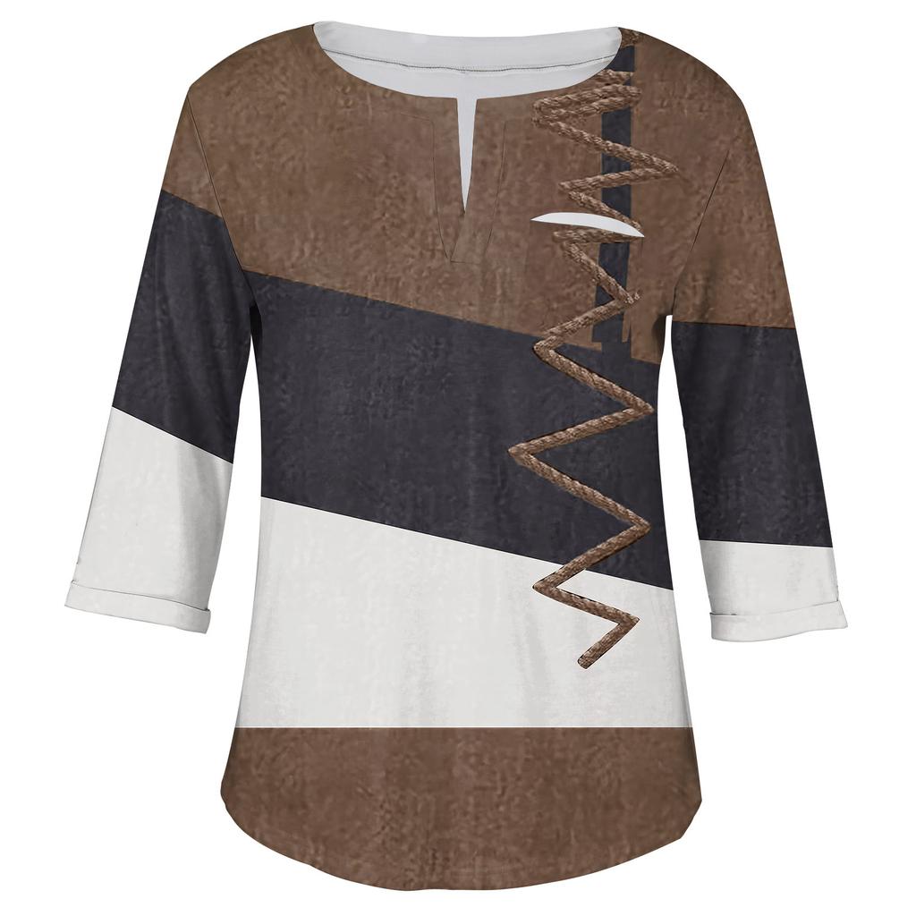 Женский модный повседневный пуловер с рукавами три четверти и V-образным вырезом с принтом, топ с рукавами 4/3