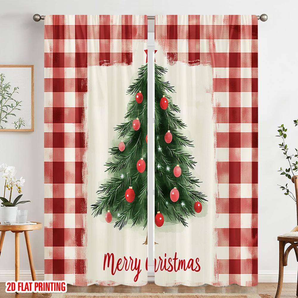2pcs,2D plane printing Contemporary Curtains Christmas Tree Red Bow (3) Polyester Fabric (without rod) Outdoor Decorations for