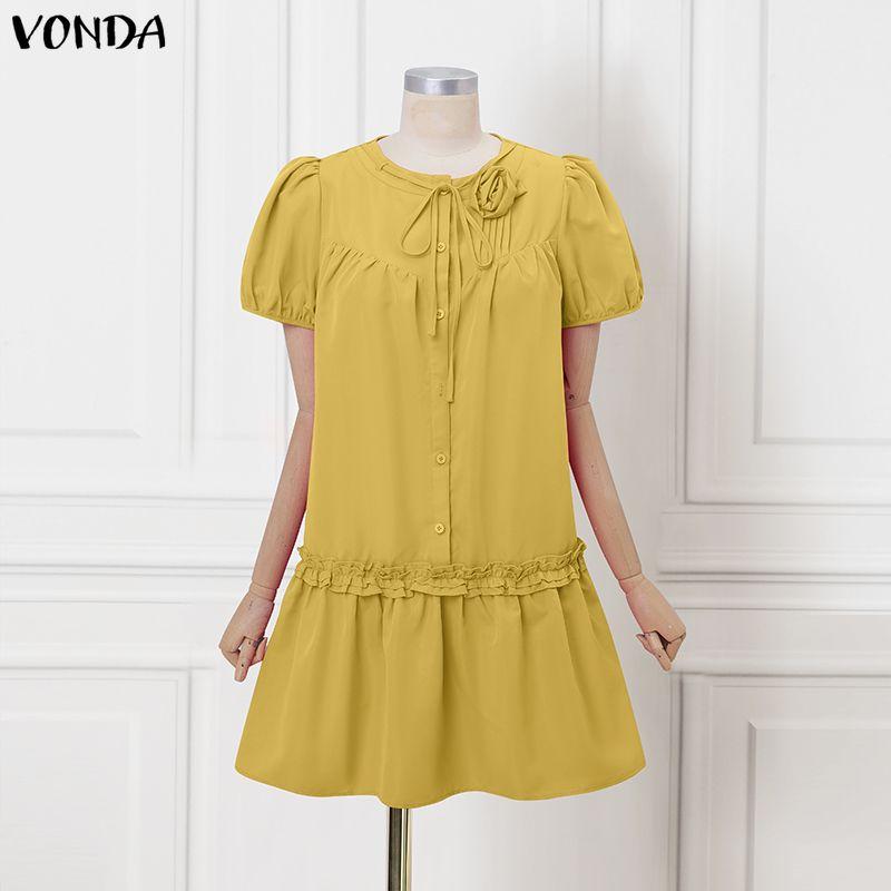 VONDA Женское летнее повседневное мини-платье с круглым вырезом, короткими рукавами и оборками