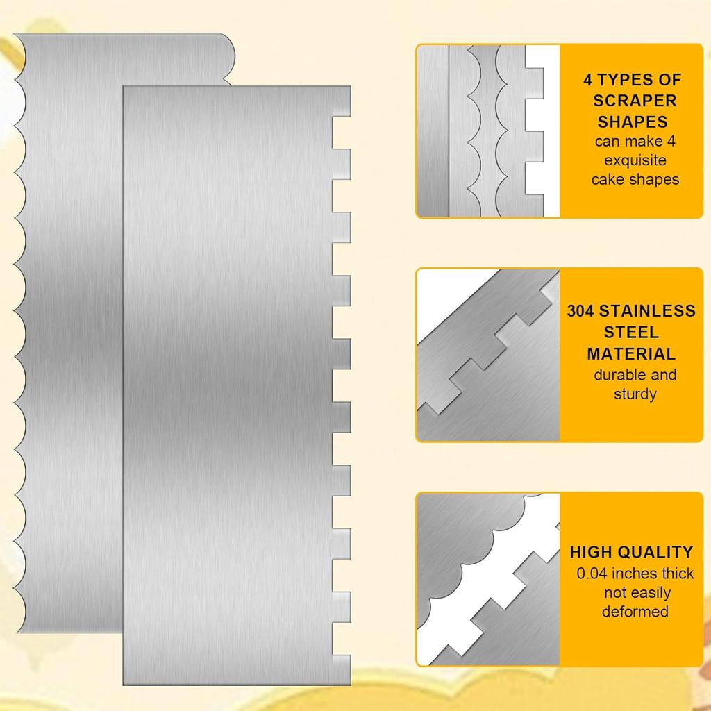 9 Inch Stainless Steel Cake Scraper Set Metal Cake Scraper Large Double Sided Patterned Stripe Edge Scraper Smoother, Cake Smoother Scraper for