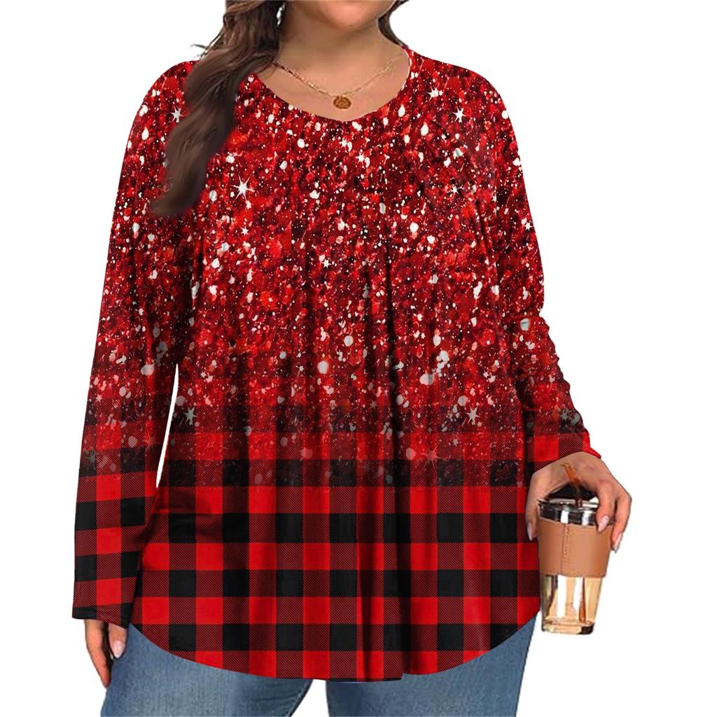 Women's Plus Size Fashion Printed Casual Pleated Round Neck Long Sleeve Top