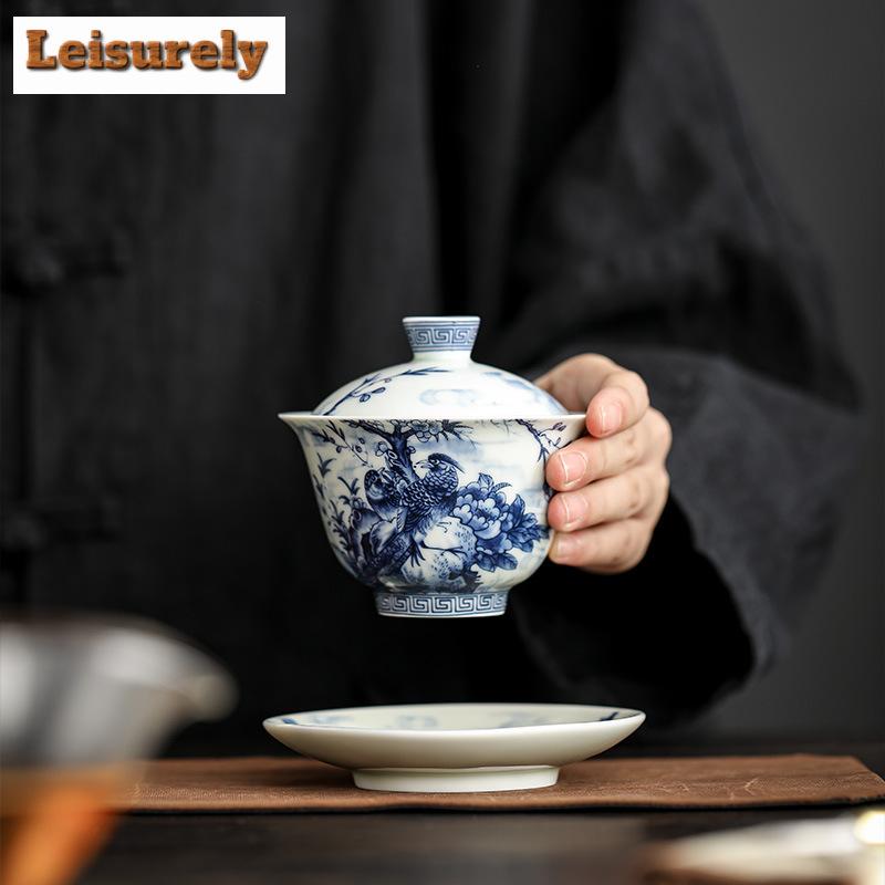 150 мл антикварная сине-белая фарфоровая гайвань в стиле ретро с чернилами, цветами и птицами, чайная супница, крышка для заваривания чая, чаша, чайные сервизы, подарок