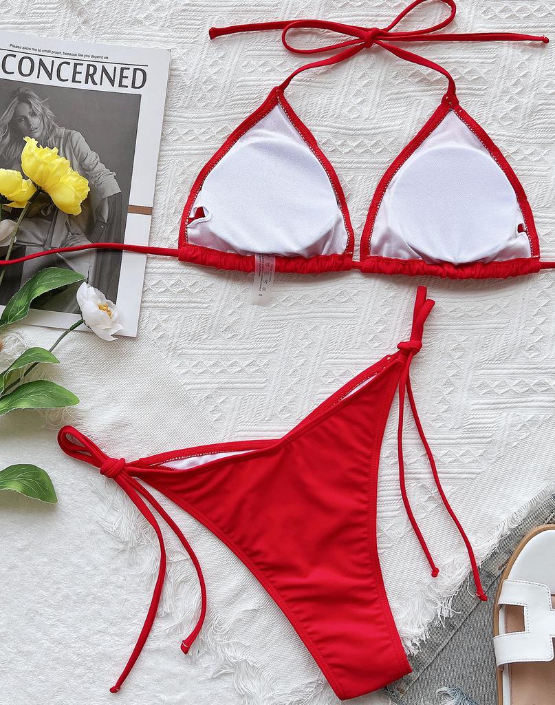 Женский купальник, сплошной цвет, сексуальный комплект бикини с треугольной лямкой и завязкой на спине, 5 цветов