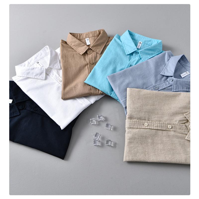 Летняя рубашка Мужская повседневная рубашка с коротким рукавом Однотонная рубашка с отложным воротником из хлопка и льна Мужские топы Простой стиль Мужская одежда Дышащая