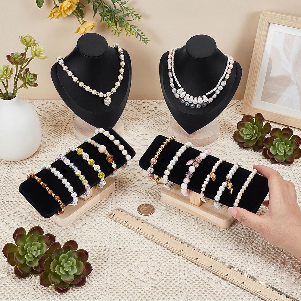 1set 2Pcs Bust Shaped Wood Covered with PU Imitation Leather Necklace Display Stands with 2Pcs Velvet T Bar Bracelet Display Stands Black