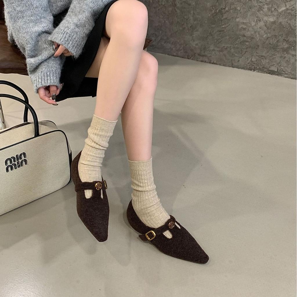 2025 New Pointed Inner Thick Heel Woolen One-word Buckle Versatile Commuter Soft Sole Foot Cover Women's Warm Single Shoes