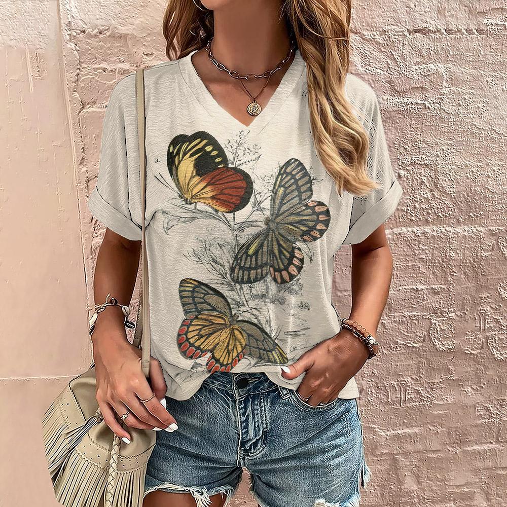 Летний топ с V-образным вырезом и принтом 3D-цветов и бабочек, модные повседневные женские футболки с короткими рукавами