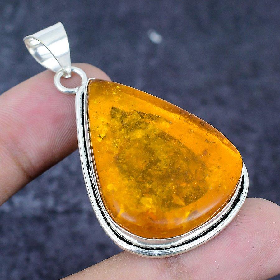 Baltic Amber Gemstone 925 Sterling Silver Jewelry Pendant 2.17"
