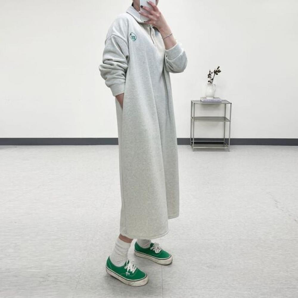 Mizqz M eMbroidery Round Collar Loose Fit Fleece Long Dress