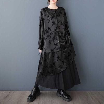 Настоящая Весна и Осень Новая Темная Дизайнерская Флисовая Тонкая Рубашка Топ Эластичная Талия Юбка с Вставками