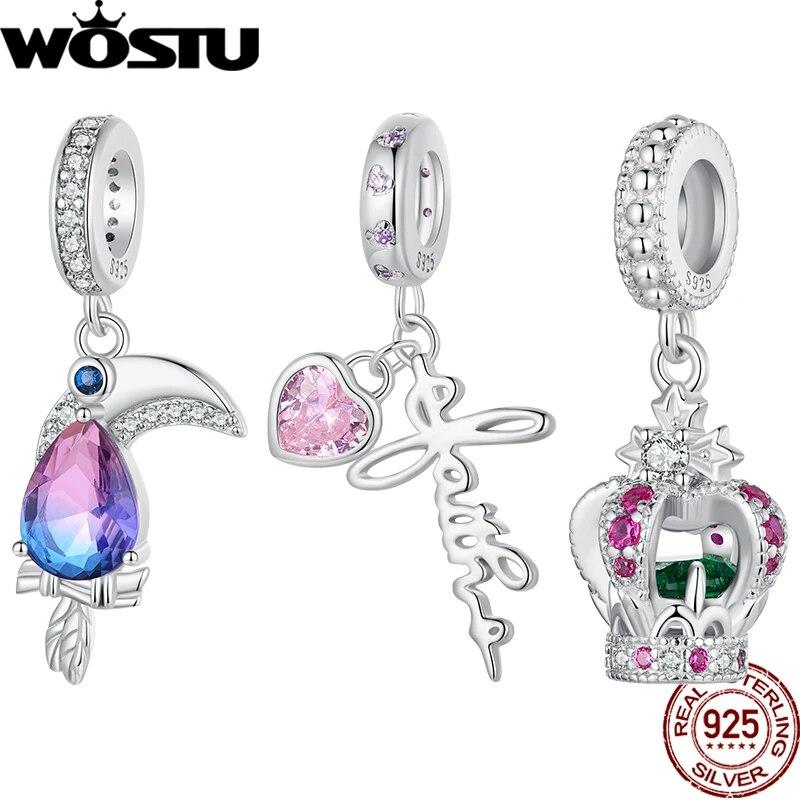 WOSTU 925 Sterling Silver Pink Heart Faith Pendant Pavé Setting CZ Crown Gradient Glass Toucan Fit Original Bracelet Guard Gifts