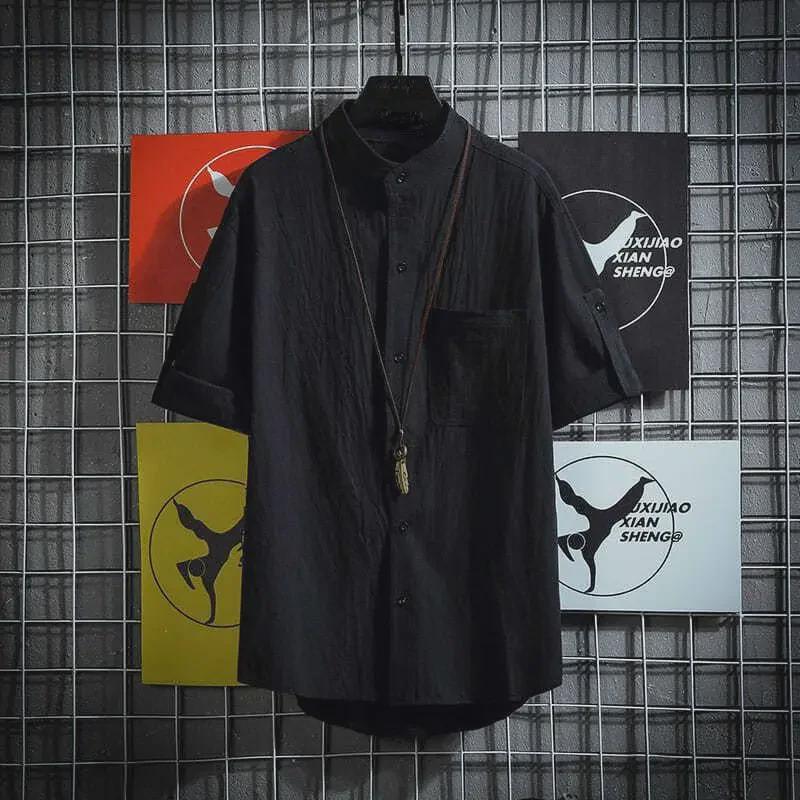 Мужская рубашка больших размеров в японском стиле с воротником-стойкой и короткими рукавами, однотонная