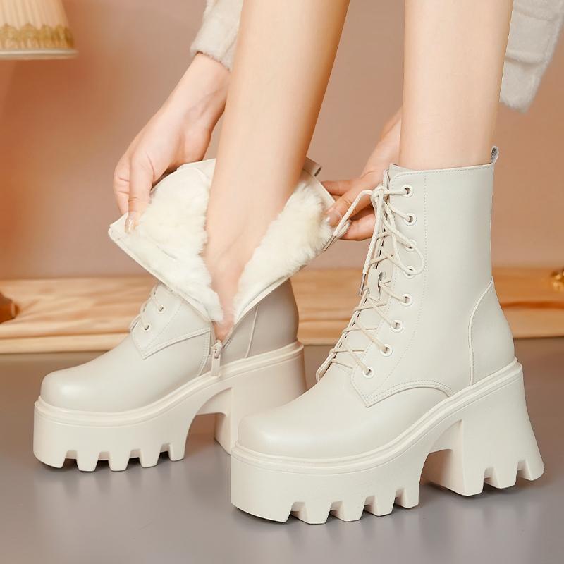Женские ботильоны на платформе с высоким каблуком из натуральной кожи и шерсти, теплые зимние ботинки, женские модные байкерские ботинки со шнуровкой для женщин