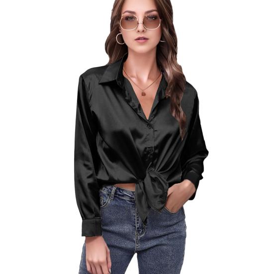 Женская рубашка с лацканами, длинным рукавом, из гладкого атласа, топы, однотонная, свободного кроя, повседневная рубашка, рубашка офисной леди, для повседневной носки