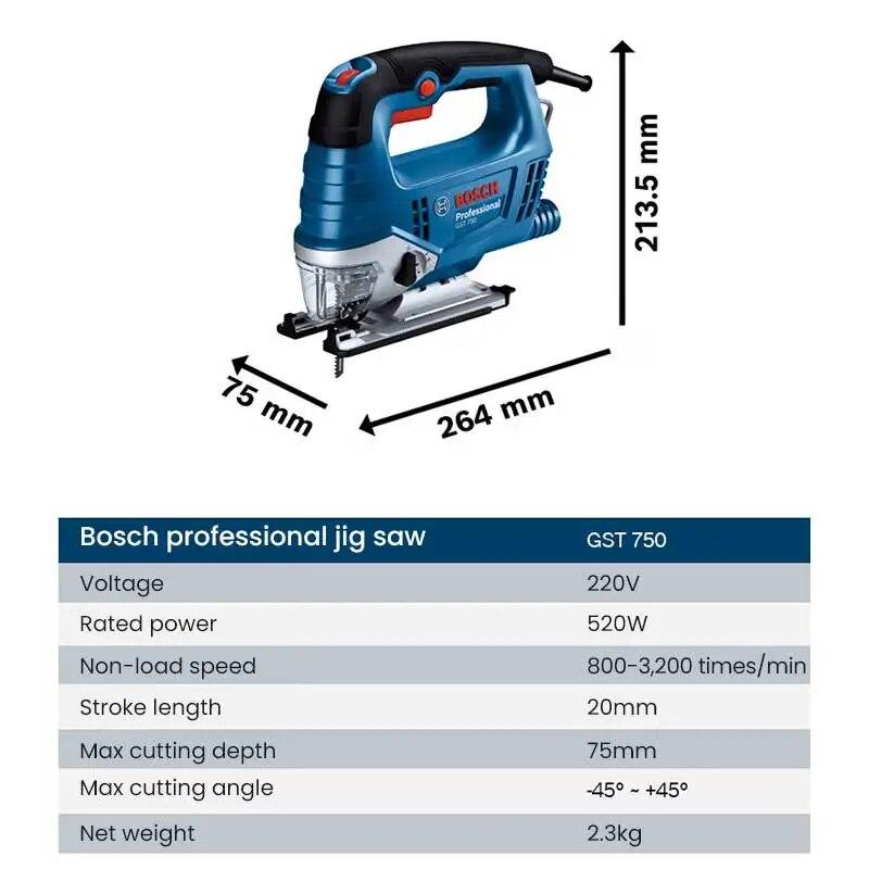 Bosch GST 750 Лобзик 520 Вт 220 В Профессиональная электрическая пила Многофункциональная деревообрабатывающая пила 6 передач Регулируемая скорость режущего станка