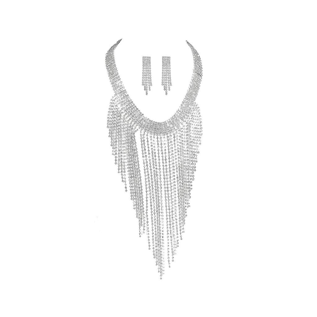 Rhinestone Long Fringed Necklace Earring Set Stylish Diamond-set Necklace Earrings Two-piece Set