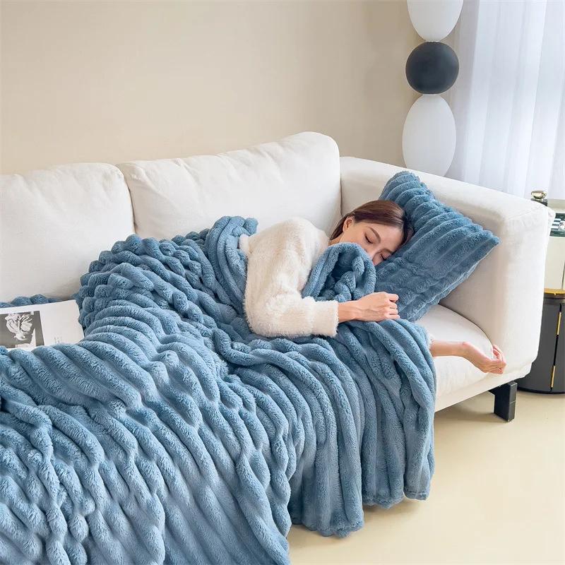 New Imitation Rabbit Plush Warm Blanket Set Or Only Blankets For Autumn Winter Soft Fluffy Warmth Lounger Sofa Throw Blankets