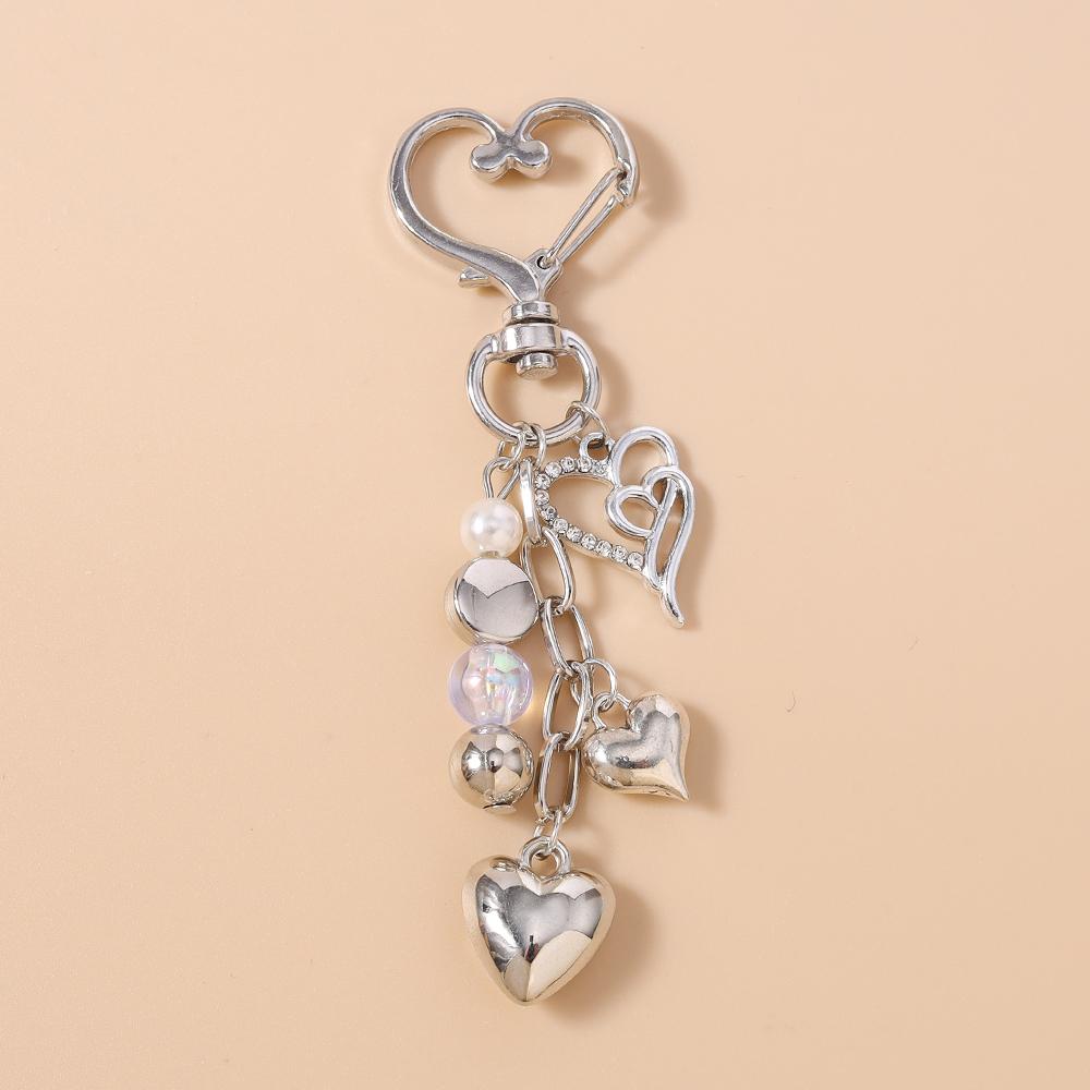Cute Bowknot Love Heart Keychain Women Girl Pearl Beaded Key Ring Pendants for Handbag Decor DIY Handmade Key Chain Gift