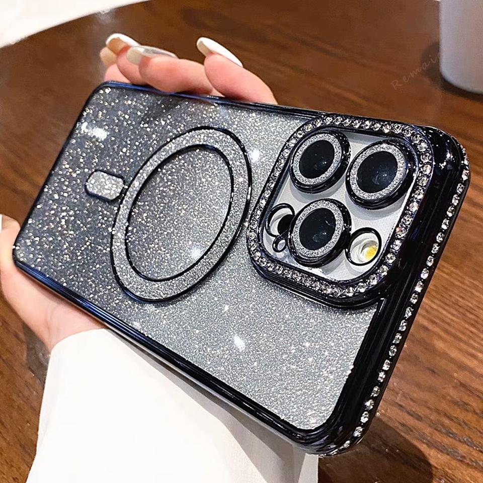 Блестящий Алмазный Магнитный Чехол Блестки Для iPhone 17 Air 16E 16 15 14 Plus 13 11 12 16 17 Pro Max Прозрачный Защитный Чехол