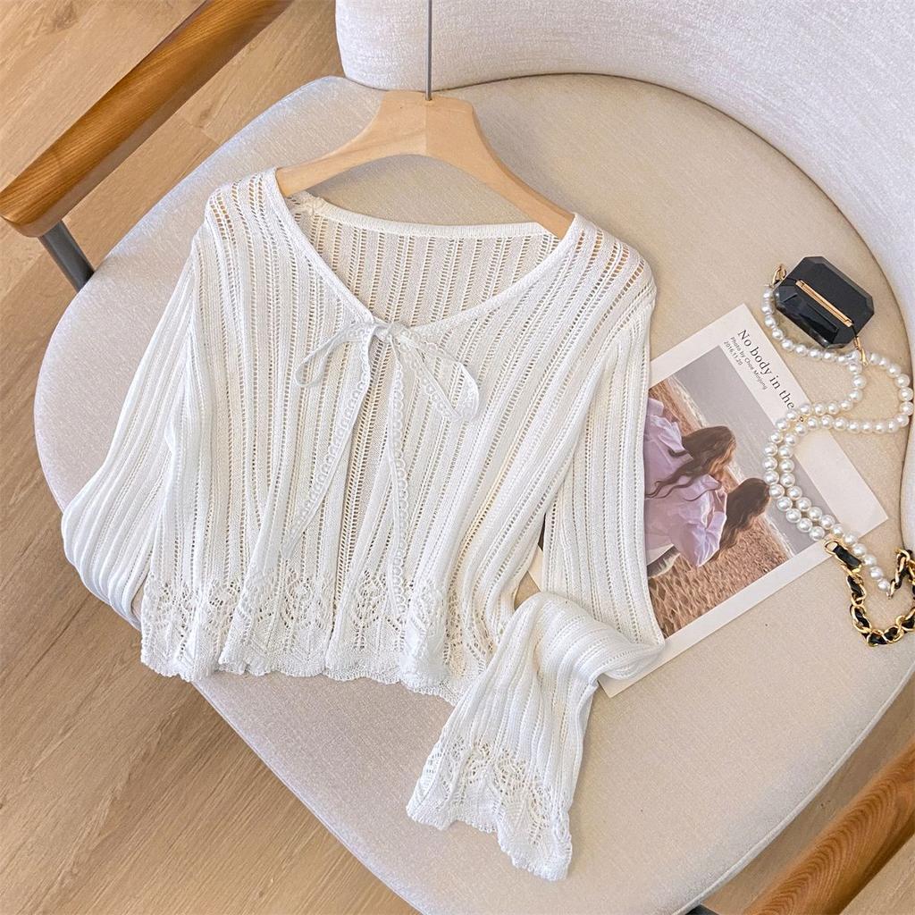 Короткий кардиган с ажурной вязкой для женщин, летняя тонкая рубашка с солнцезащитным кремом, нежный топ