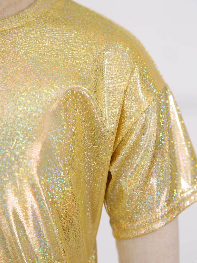 Unisex Kids Metallic Shiny Jazz Dance Top Sparkly T-shirt Performance Wear Boys Girls Dance Class Outfit