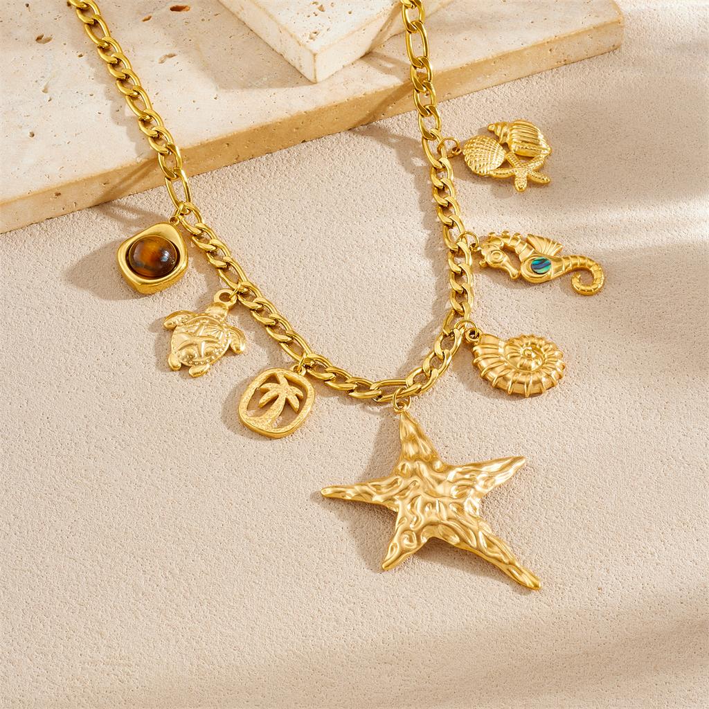 DIEYURO 316L Stainless Steel Irregular Starfish Conch Turtle Multi Pendant Necklace Lady Fashion Ocean Neck Chain Jewelry