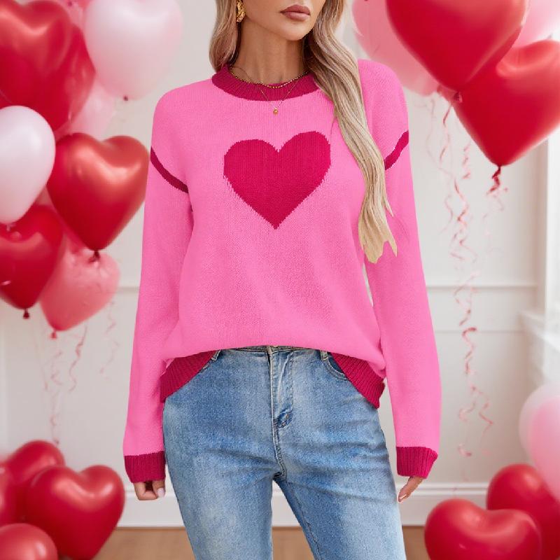 Women's Crew Neck Long Sleeve Heart Print Knit Sweater Loose Fit Casual Pullover Top