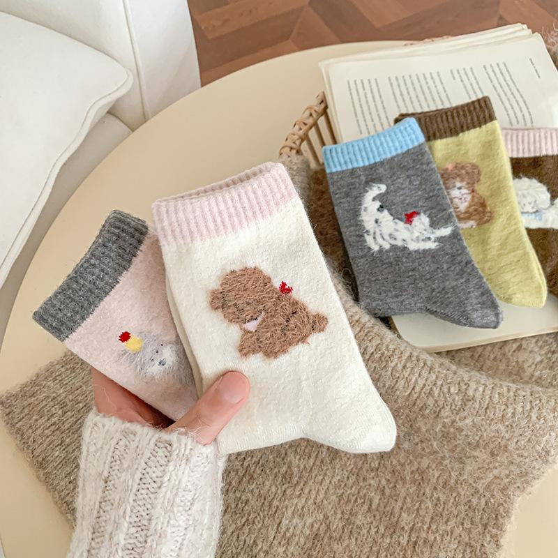Grey Puppy Socks Warm Moorse Thickened Fleece Warm And Cute Cartoon Animal Tide Stockings
