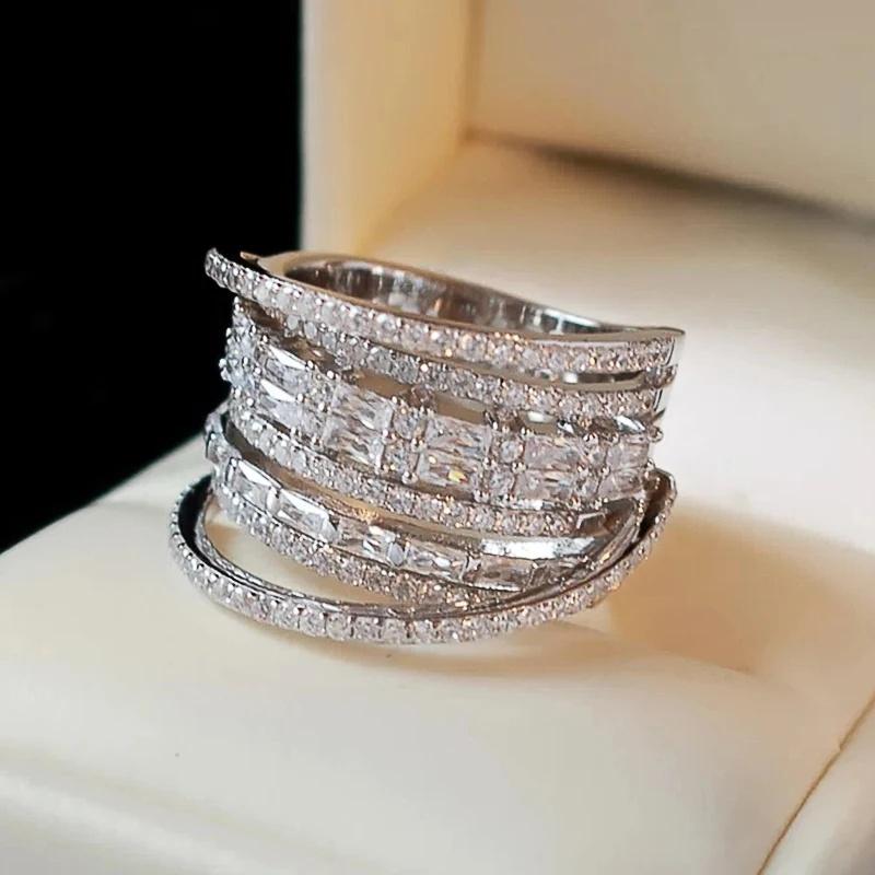 Xiaomi Huitan Multi Layer Intertwined Wide Statement Women Ring Full Cubic Zirconia Stacked Cross Party Silver Color Jewelry for Gift