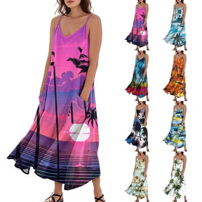 Женское повседневное платье на бретелях с V-образным вырезом, гавайским принтом, без рукавов и с карманом