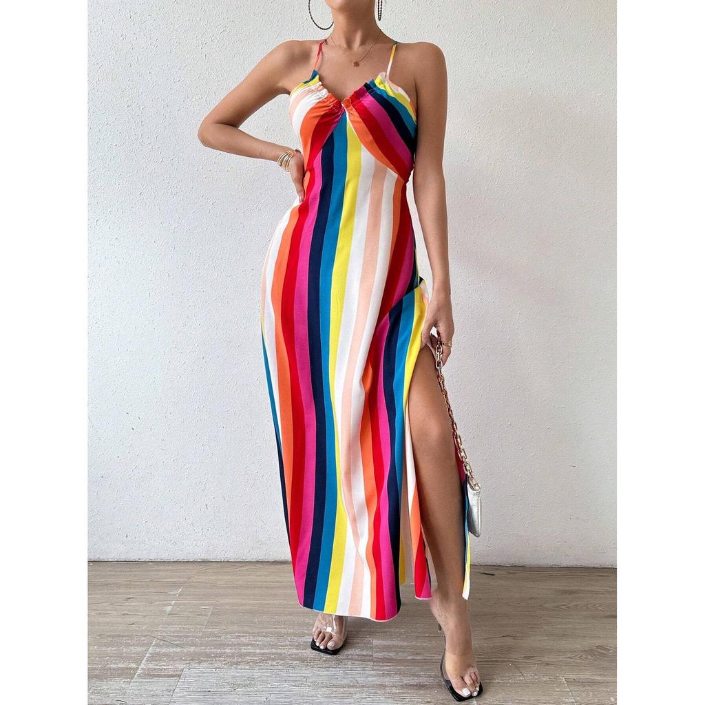 Женское модное платье на тонких бретельках с принтом и разрезом для пляжа, весна/лето 2025